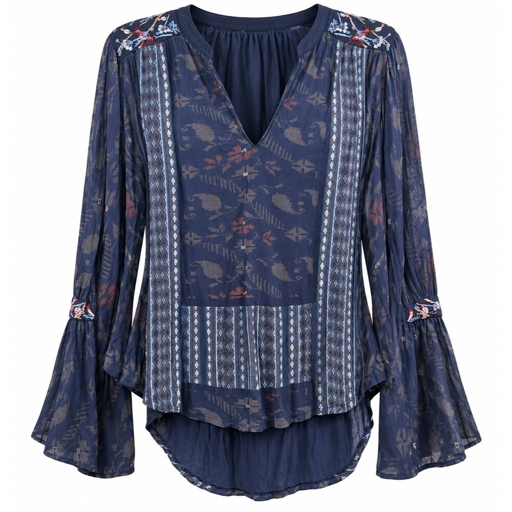 Boho Embroidered Peasant Bell Sleeve Top Lucky Brand Women’s M Blue FLAW